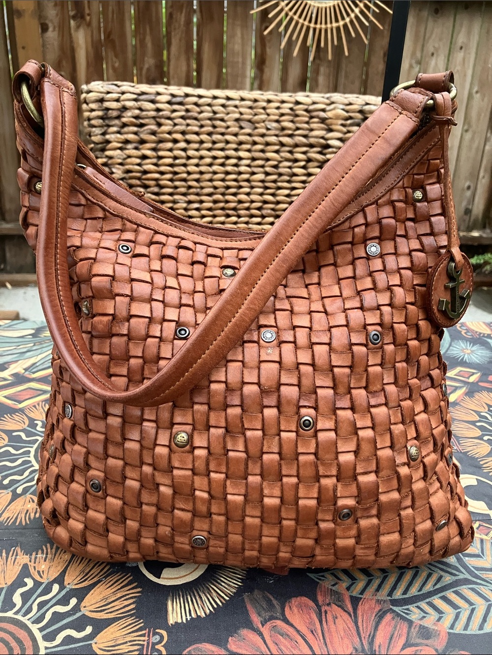 Harbour 2nd Tuula Cognac Woven Braided Leather with Rivets Hobo Shoulder Bag
